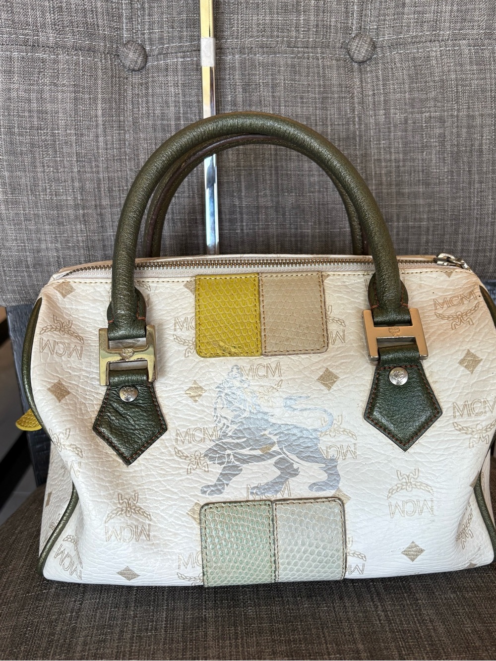 MCM White and Olive Leather Top-Handle Satchel